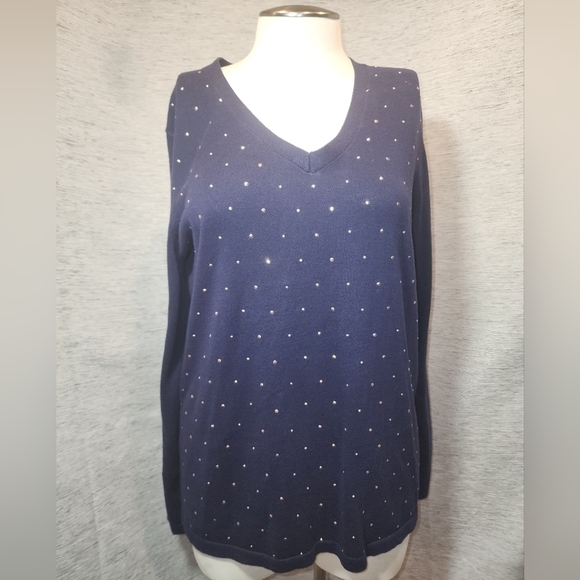 Tommy Hilfiger Large Women's Navy Blue Sweater Top with Sequins V-Neck Long - Picture 2 of 7